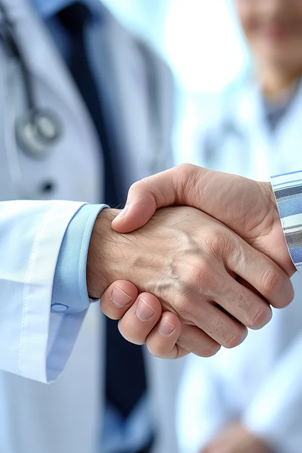 Adult-Physical-Exam-Treatment A clinician shakes hands with a patient. Get adult physical exams from Morgan Burns, APRN in Central Florida.