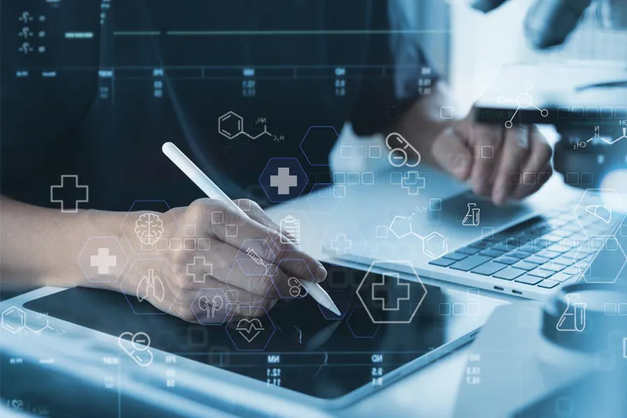 Health-Conditions-Treated-Doctor Close-up of a medical professional using a laptop and tablet, with illustrated medical symbols overlayed on the image, symbolizing health conditions treated by Morgan Burns, APRN in Central Florida.