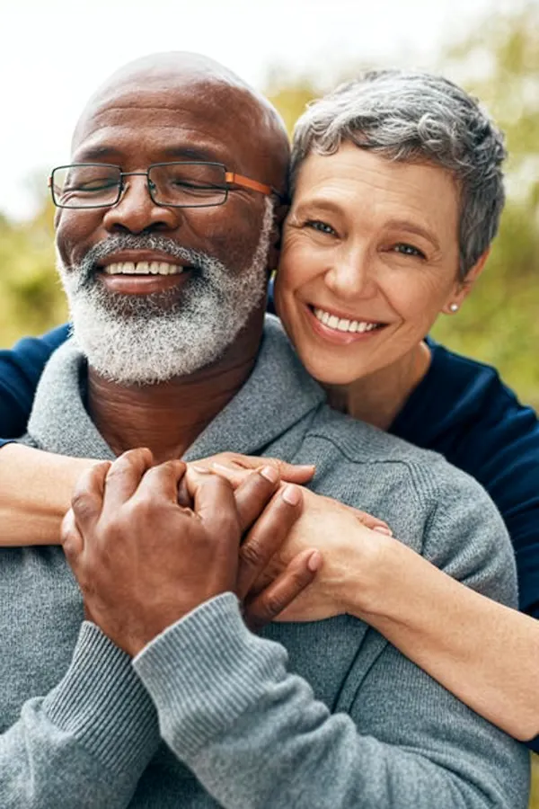 Hormonal-and-Vitality-Peptides-Treatment A middle-aged black man and white woman embrace outside. Get Hormonal and Vitality Peptide Treatment from Morgan Burns, APRN in Central Florida.