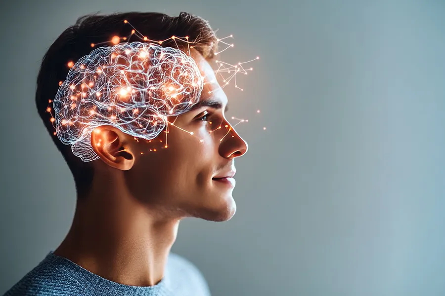 Neuro-Longevity-Peptides-Clinic A man with a 3D illustration of the brain and neural pathways super-imposed. Get Neuro-Longevity Peptides treatment from Morgan Burns, APRN in Central Florida.